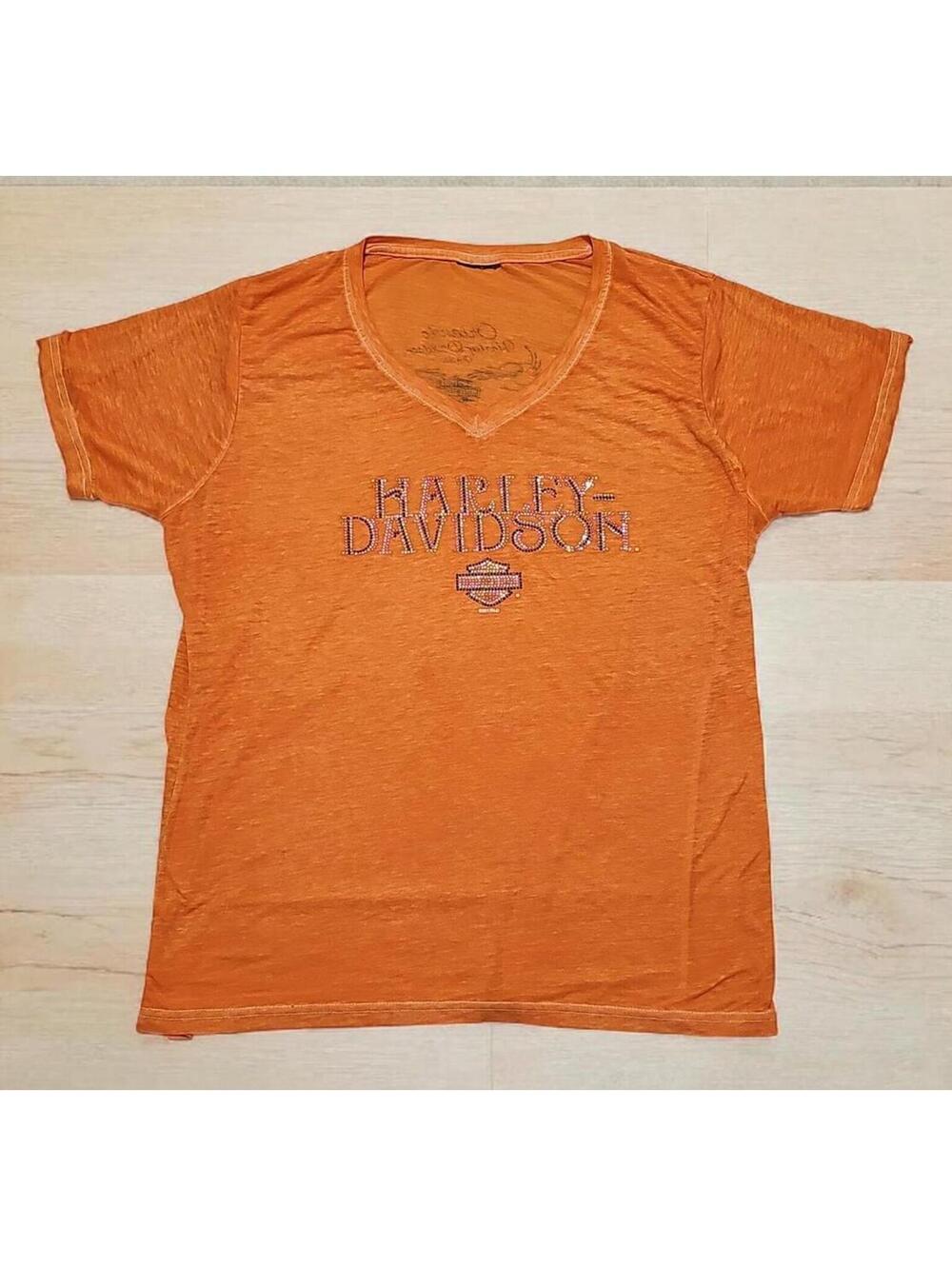 Harley‑Davidson Orlando FL Rhinestone V‑Neck Tee Orange Women’s M – Preowned
